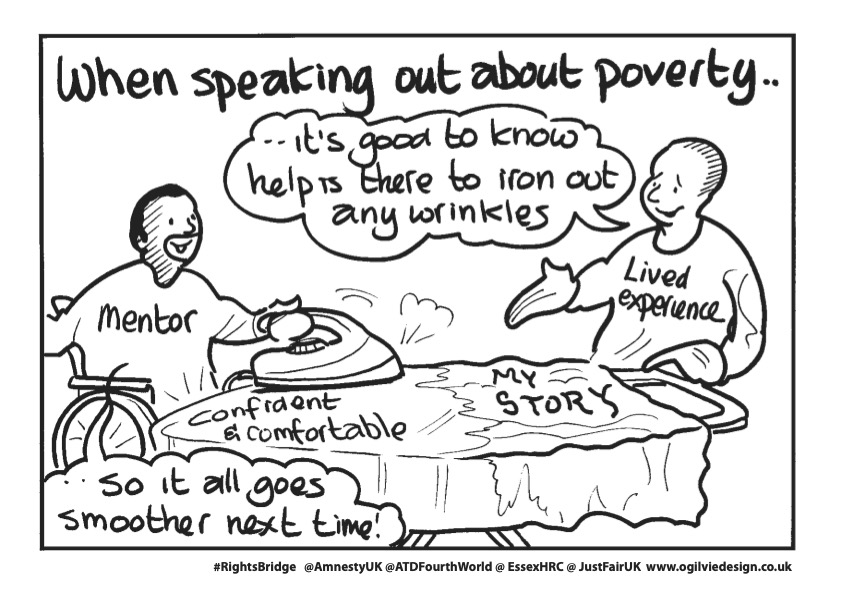 Image illustrating the relationship between someone with lived experience and a mentor (who is ironing), showing the importance of ironing our any wrinkles in telling one's story about poverty so that next time it all goes smoother, and more comfortably and confidently. 