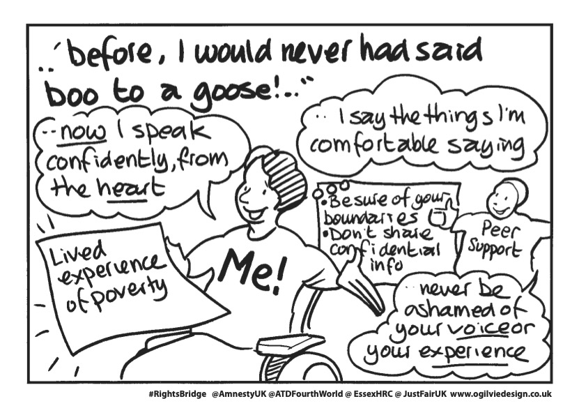 Image showing person with lived experience of poverty being confident to talk about their experience from the heart comfortably and not being ashamed of their voice and experience, as they have access to peer support who guide them in the process.