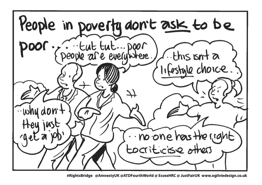 Image showing two people walking away from someone living in poverty saying 'why don't they just get a job', with the message that people in poverty don't ask to be poo, that they didn't choose the lifestyle and that no-one should have the right to criticise them.