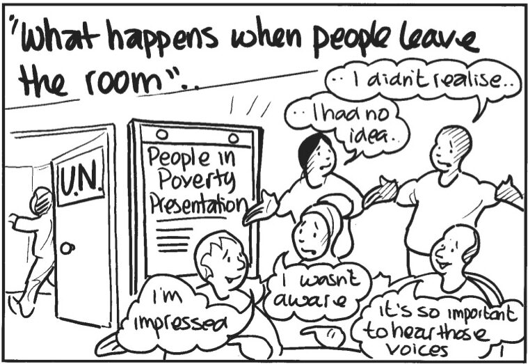 Illustration showing what happens when people with lived experience leave the room (i.e. at the UN), they leave an impressive mark on policy makers with new ideas. 