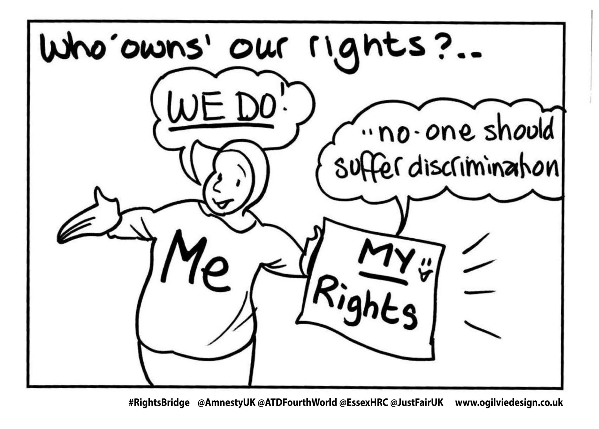 Image showing someone holding a sign that says "my rights", and doing the protest call and response chant of "who 'owns' our rights?', responding 'we do!', with the message that no-one should suffer discrimination.