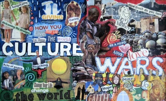 Collage of various magazine and newspaper images, text across reads "Culture Wars"