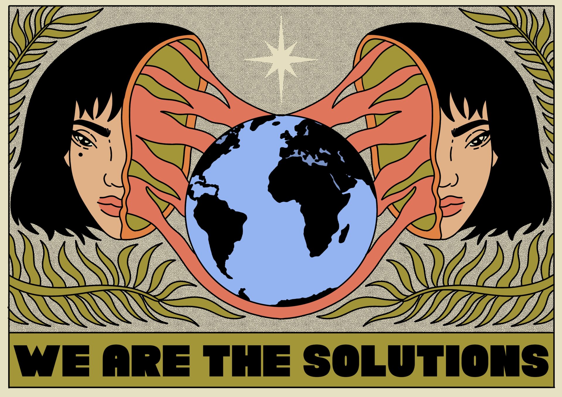 Drawing a a women's head divided in two - in the middle is the earth connected to the two halves of the head. Beneath it reads "We are the solutions"