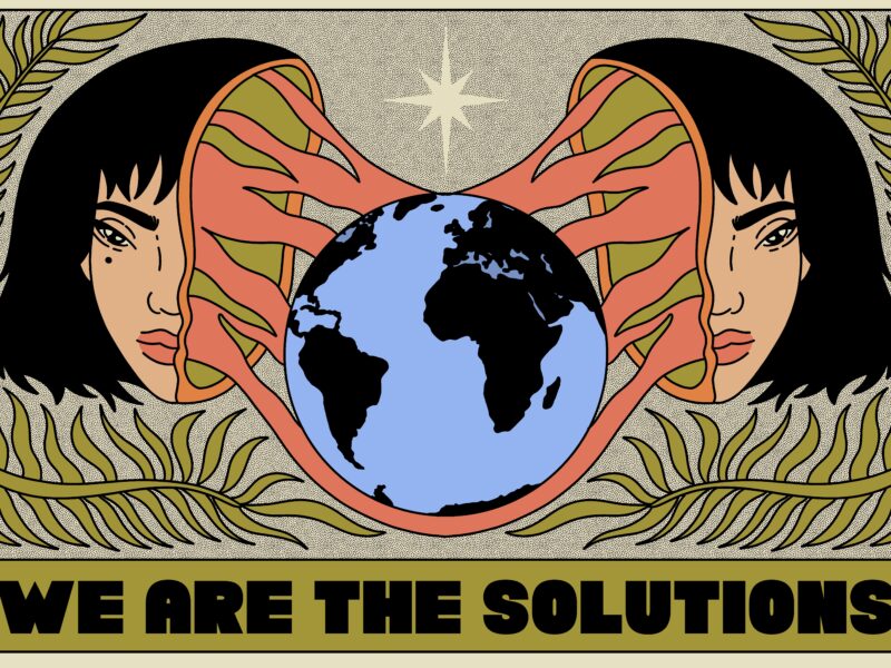 Drawing a a women's head divided in two - in the middle is the earth connected to the two halves of the head. Beneath it reads "We are the solutions"