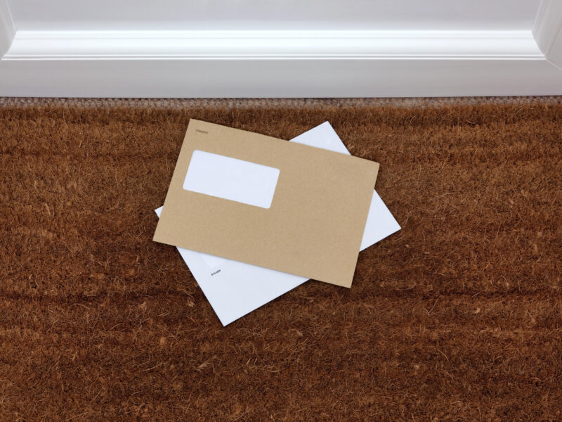 Two envelopes on a doormat, blank window to add your own name and address details.